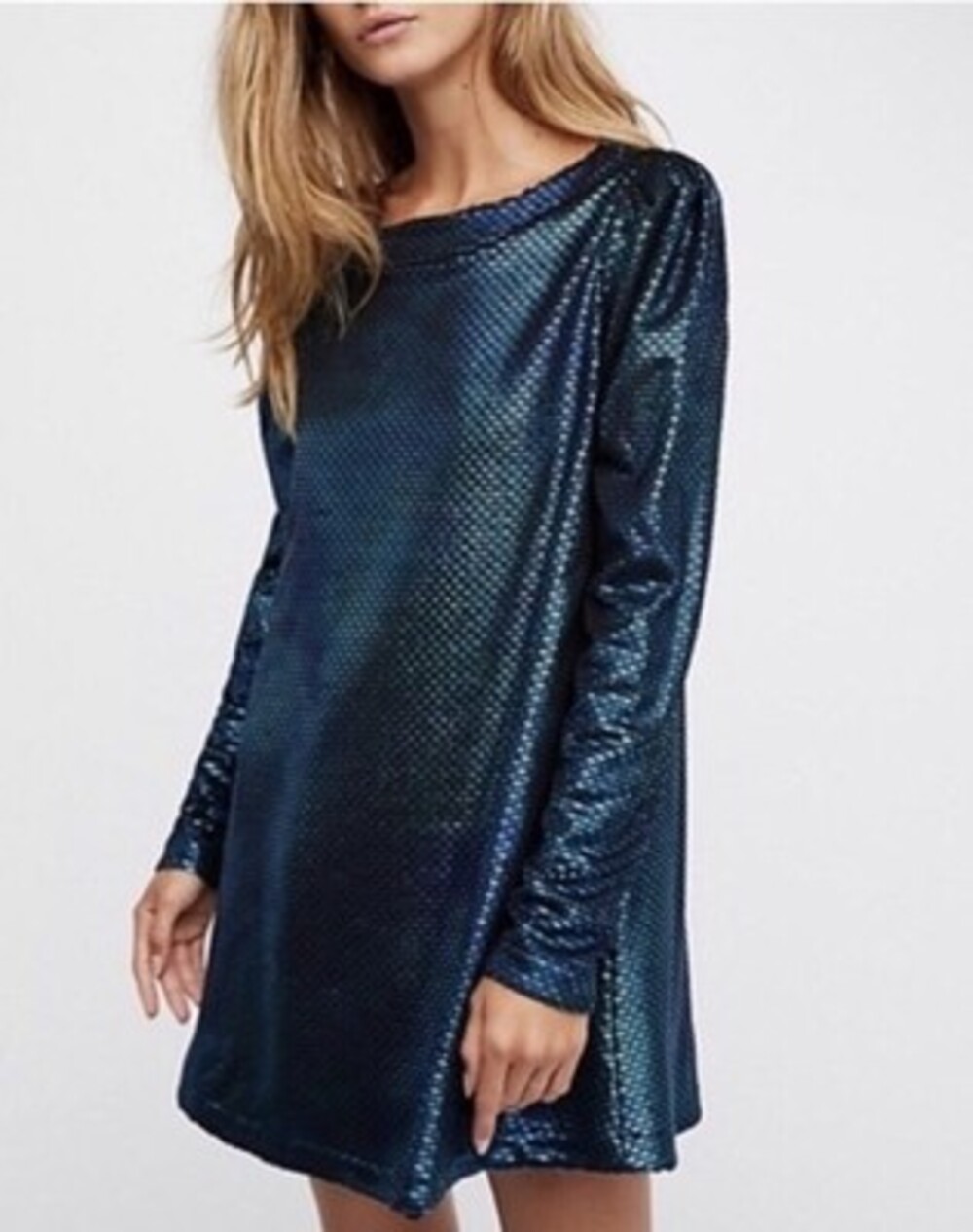 Free People XS Blue Metallic Shift Dress Long Sleeve Boat Neck Short Pockets